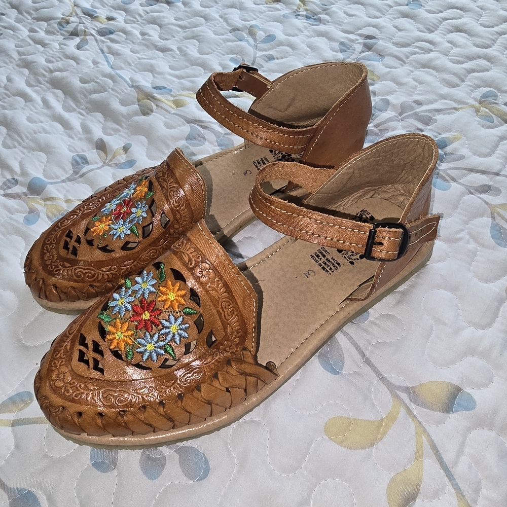 Brown Kids Shoes with Colorful Embroidery